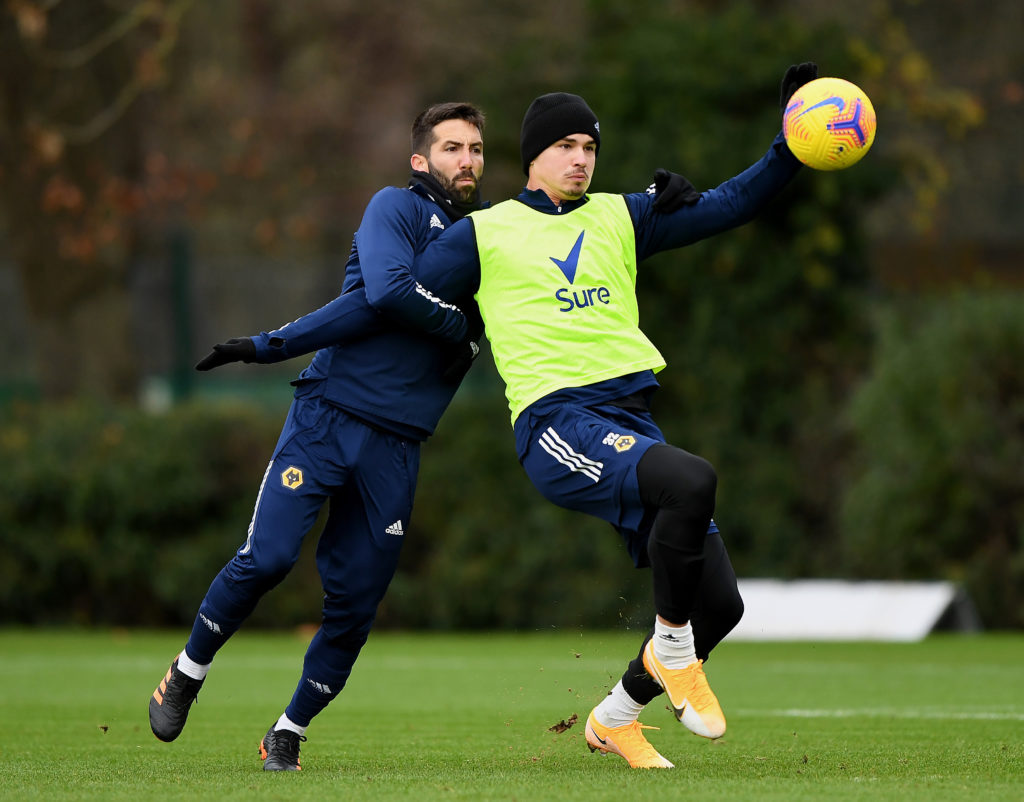Raul Jimenez Visits his Teammates during a Wolverhampton Wanderers Training Session