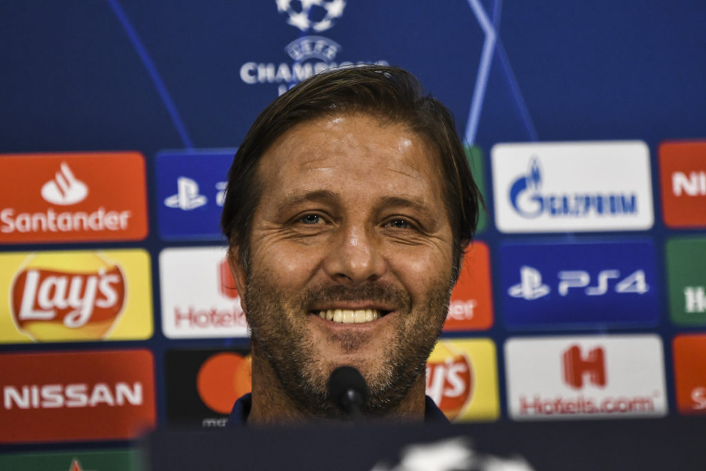 Olympiakos's coach Pedro Martins attends a press conference