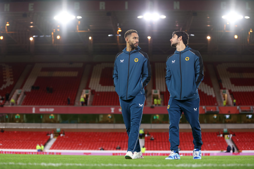 Matheus Cunha (L) and Goncalo Guedes of Wolverhampton Wanderers inspect the pitch prior to the Carabao Cup Quarter Final match between Nottingham Forest and Wolverhampton Wanderers at City Ground on January 11, 2023 in Nottingham, England.