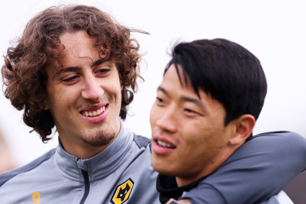 Fabio Silva (L) and Hee-chan Hwang of Wolverhampton Wanderers during a Wolverhampton Wanderers Training Session at The Sir Jack Hayward Training Ground