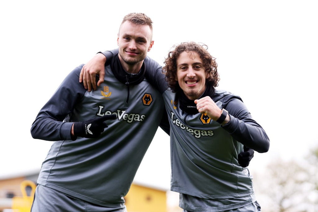 Sasa Kalajdzic (L) Fabio Silva of Wolverhampton Wanderers during a Wolverhampton Wanderers Training Session at The Sir Jack Hayward Training Ground