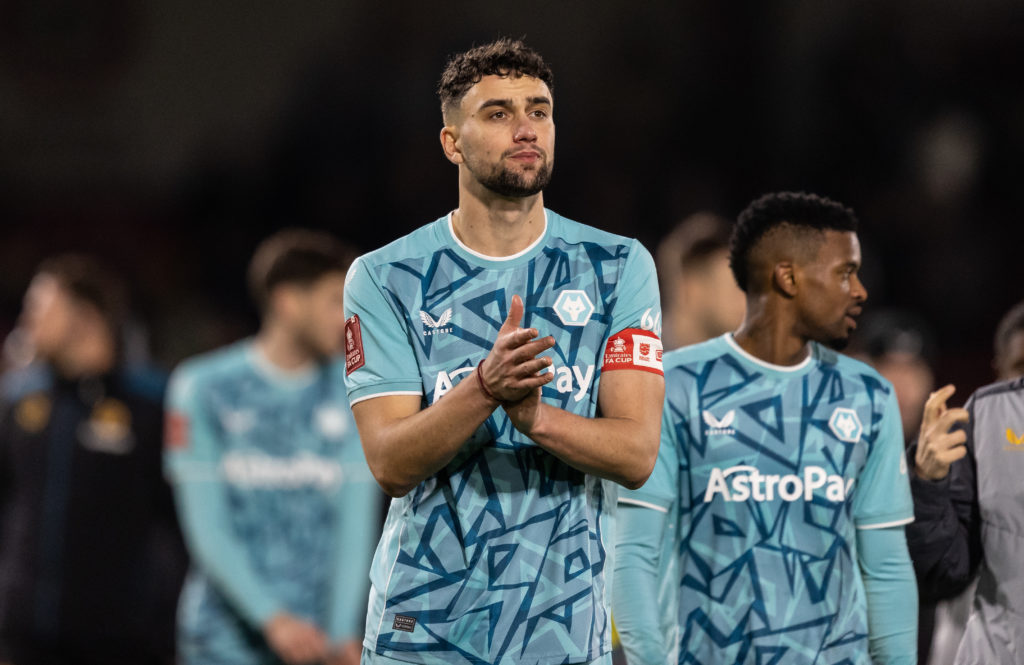 Wolverhampton Wanderers' Max Kilman applauds his side's travelling supporters at the end of the match during the Emirates FA Cup Third Round match ...