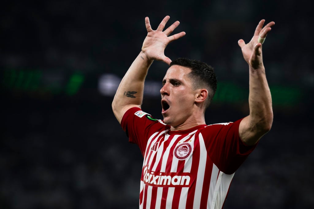 Daniel Podence of Olympiacos FC reacts during the UEFA