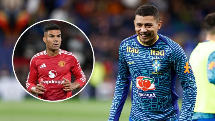 Andre Trindade da Costa Neto of Brazil warms up during the international friendly football match. Inset, Casemiro of Manchester United.