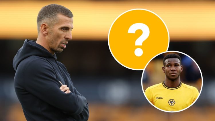 Gary O'Neil, Manager of Wolverhampton Wanderers, looks on prior to the Premier League match. Inset, Yerson Mosquera and a question mark.