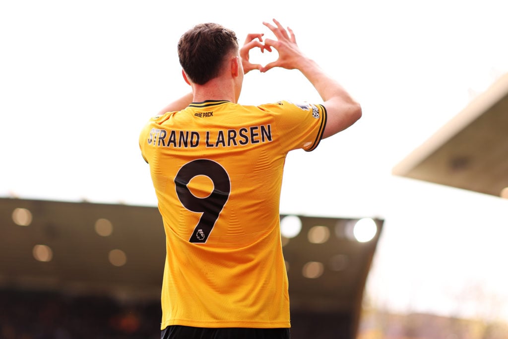 Jorgen Strand Larsen of Wolverhampton Wanderers celebrates after scoring his team's first goal during the Premier League match between Wolverhampton Wanderers FC and Manchester City FC