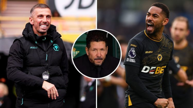 Split image of Gary O'Neil and Matheus Cunha. Inset, Diego Simeone.