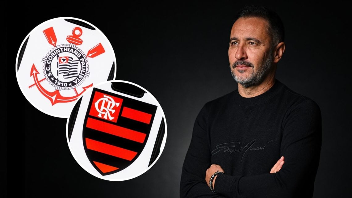 Vitor Pereira with 2 insets, one of Corinthians badge and one of Flamengo badge