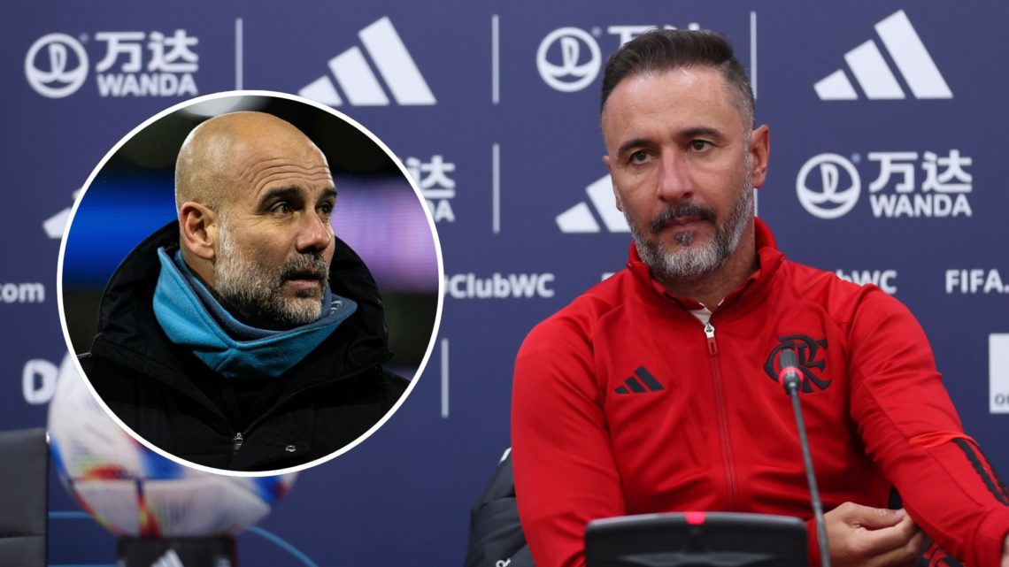 Vitor Pereira talks to the media. Inset, Pep Guardiola.