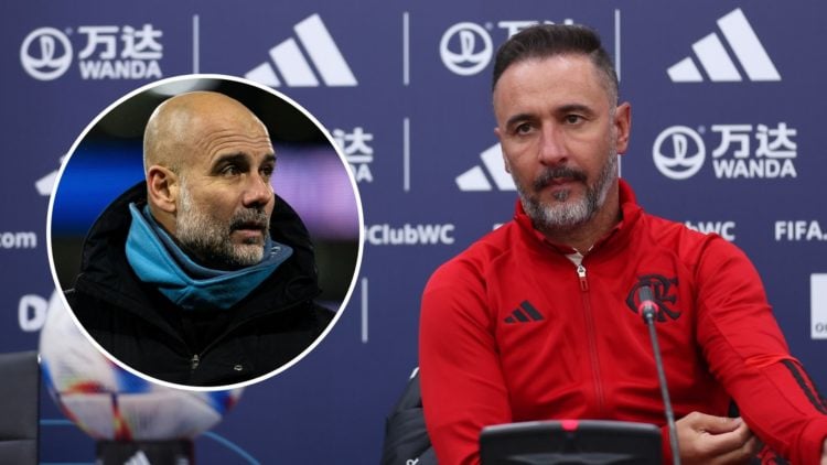 Vitor Pereira talks to the media. Inset, Pep Guardiola.