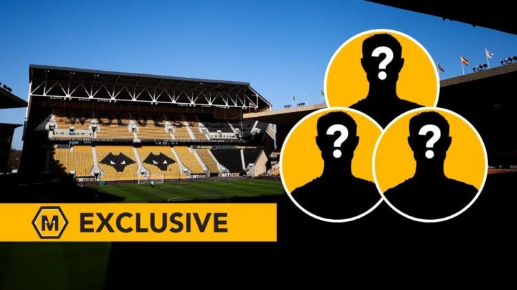 Molineux Stadium interior. Inset, three silhouettes.
