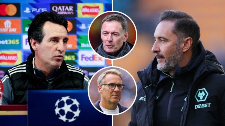 Split image of Unai Emery and Vitor Pereira. Inset, Paul Merson and Chris Sutton.