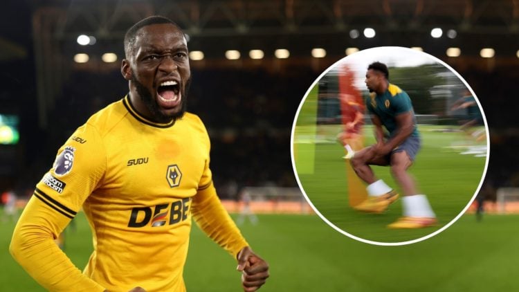 Toti Gomes of Wolverhampton Wanderers celebrates. Inset, Adama Traore sprinting.