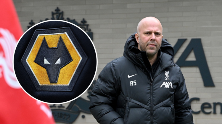 Head coach Arne Slot of Liverpool during a training session at AXA Training Centre with an inset of A detailed view of a Wolverhampton Wanderers ba...