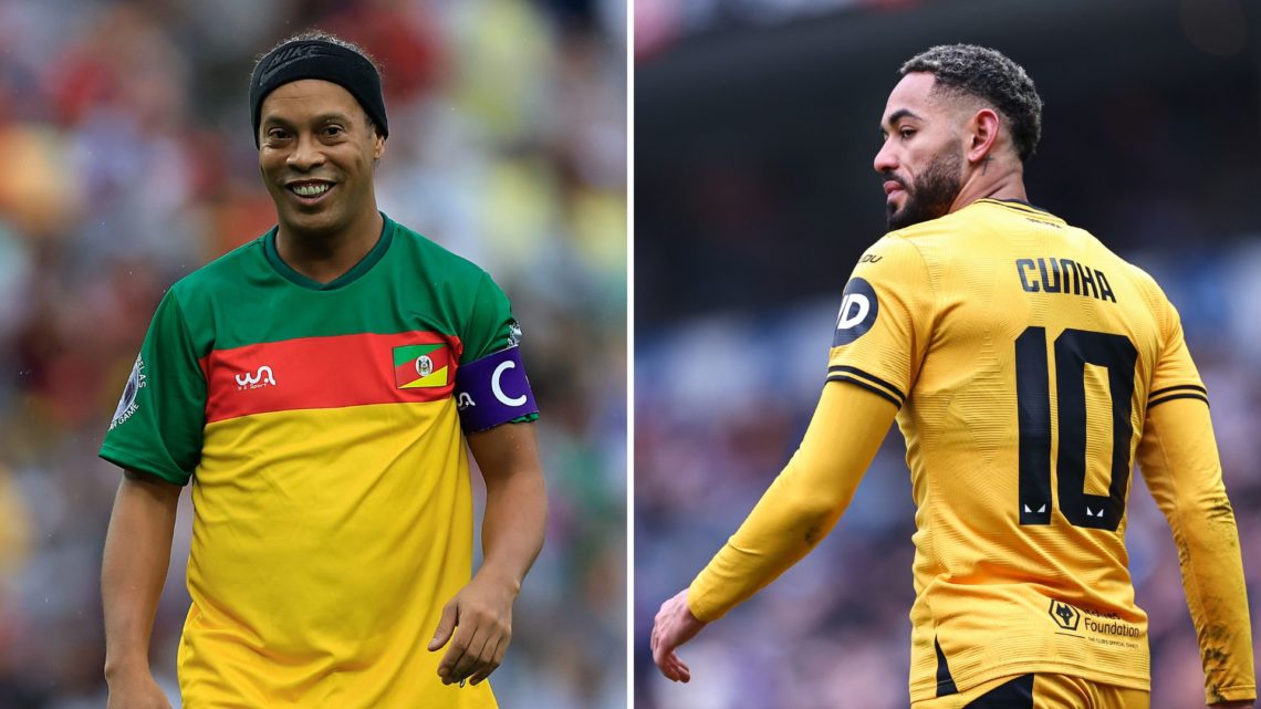 Split image of Ronaldinho and Matheus Cunha.