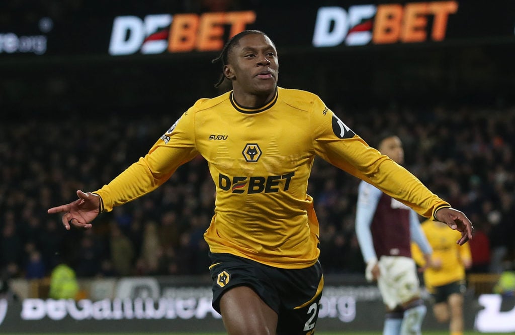 Jean-Ricner Bellegarde celebrates after scoring for Wolves against Aston Villa.