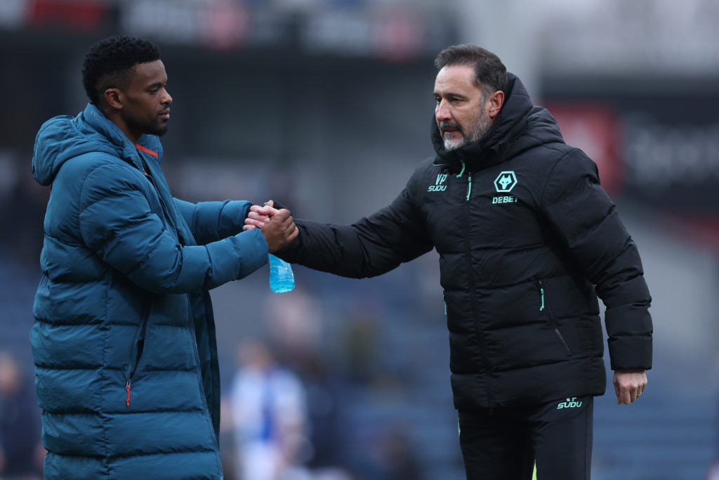 Vitor Pereira the manager of Wolverhampton Wanderers celebrates with Nelson Semedo after the Emirates FA Cup Fourth Round match between Blackburn Rovers and Wolverhampton Wanderers