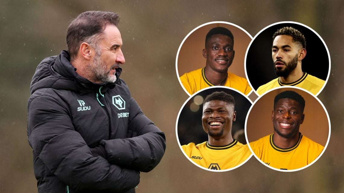 Vitor Pereira. Inset, Matheus Cunha, Marshall Munetsi, Emmanuel Agbadou, and Nasser Djiga