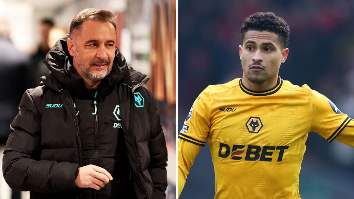 Split image of Vitor Pereira walking through the tunnel ahead of a match, and Joao Gomes of Wolverhampton Wanderers gesturing during a Premier Leag...