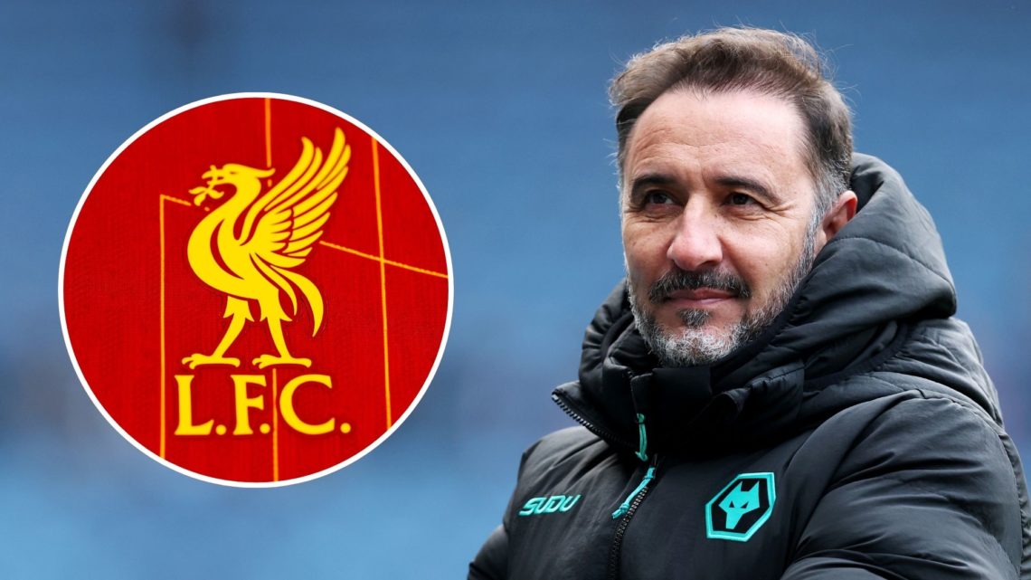 Close-up of Vitor Pereira. Inset, the Liverpool badge.