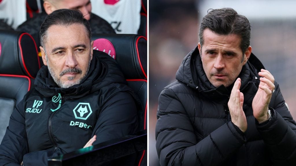 Split image of Head Coach Vitor Pereira of Wolverhampton Wanderers during the Premier League match between AFC Bournemouth and Wolverhampton Wanderers FC, and Marco Silva, Manager of Fulham, reacting prior to the Premier League match.