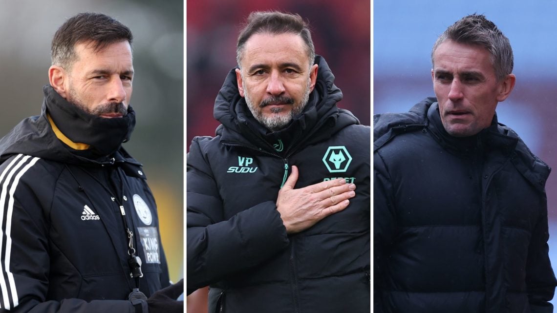 Split image of Vitor Pereira reacting towards the fans at full time, Ruud van Nistelrooy looking on during Leicester City training, and Kieran McKe...