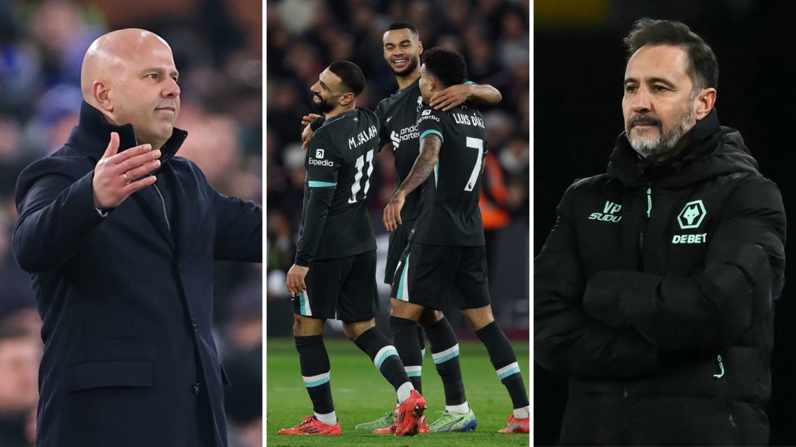 Split image of Arne Slot, Vitor Pereira, and three Liverpool players.