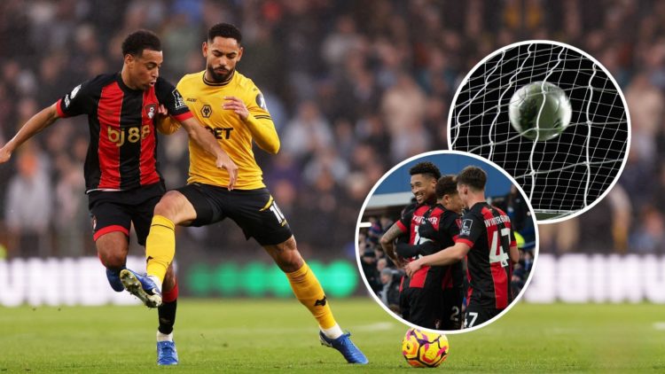Matheus Cunha of Wolverhampton Wanderers (R) is challenged by Tyler Adams of AFC Bournemouth during the Premier League match between Wolverhampton ...