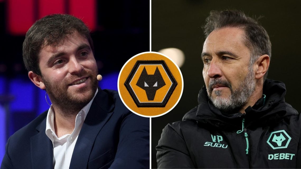 Split image of Vitor Pereira and Fabrizio Romano. Inset, Wolves badge.