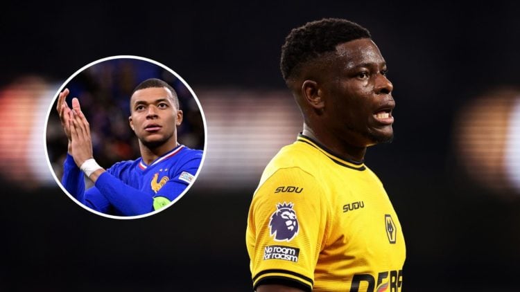 Marshall Munetsi reacts during the Premier League match between Wolverhampton Wanderers FC and Everton FC with inset of Kylian Mbappe of France sal...