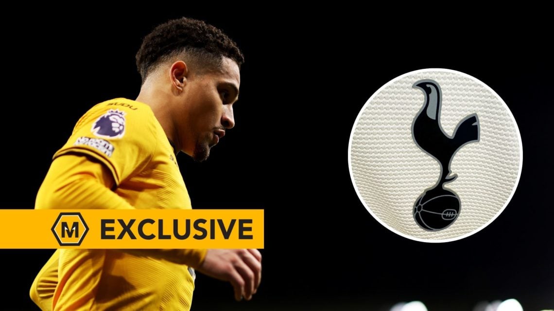 Joao Gomes prepares to take a corner during the Premier League match between Wolverhampton Wanderers FC and Everton FC with inset of Tottenham Hots...