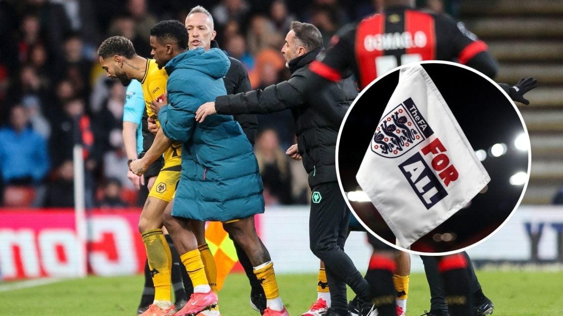 Matheus Cunha of Wolverhampton Wanderers sees red after he clashes with Milos Kerkez of Bournemouth with inset of an England branded corner flag on...