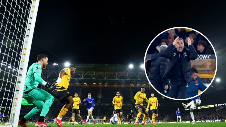 Abdoulaye Doucoure shoots at goal during the Premier League match between Wolves and Everton with inset of Vitor Pereira on the side line during th...