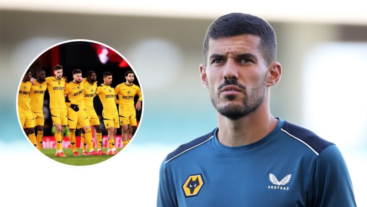 Conor Coady inspects the pitch ahead of the Pre-Season Friendly between Wolves and Sporting CP in 2022 with inset of Wolves line up for the penalty...
