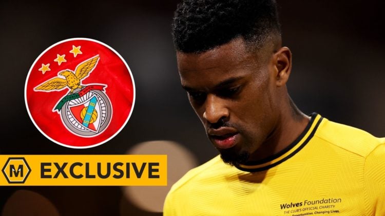 Nelson Semedo during Wolves vs Everton with inset of the badge of SL Benfica during the UEFA Champions League 2024/25 and Molineux News exclusive b...