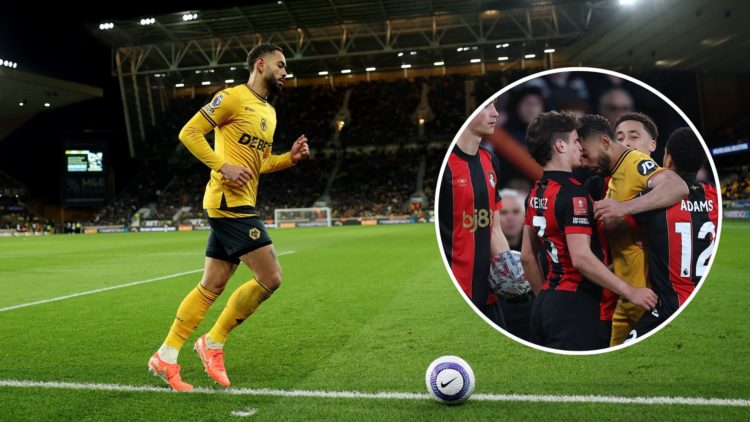Matheus Cunha during the Premier League match between Wolves and Fulham with inset of Matheus Cunha clashing with Milos Kerkez.