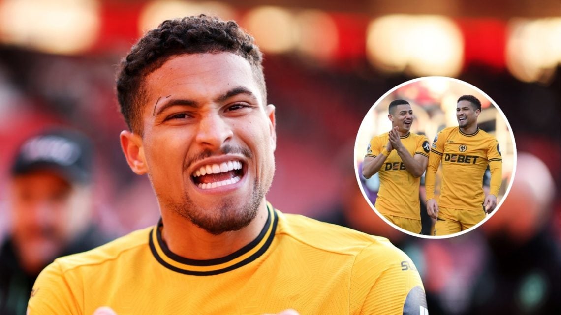 Main image of Joao Gomes celebrating victory following the Premier League match between Southampton and Wolves with inset of Andre and Joao Gomes a...