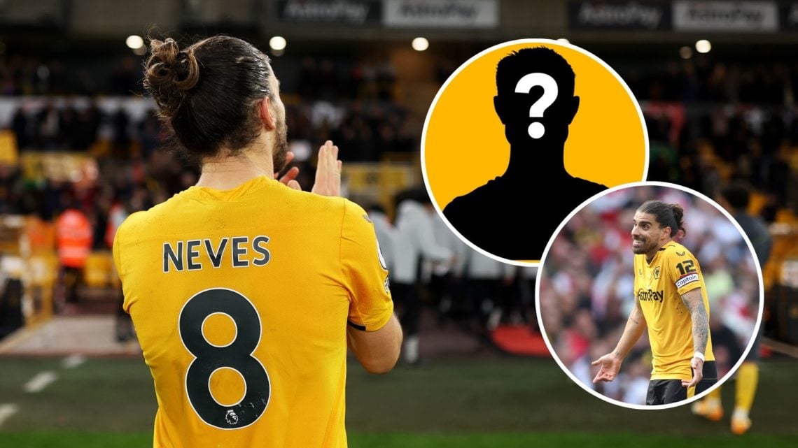 Ruben Neves shows appreciation to the fans as he walks off the pitch with insets of mystery player icon and Ruben Neves during the Premier League m...