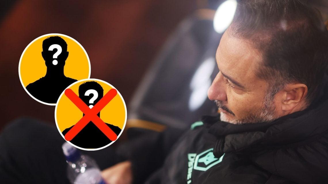 Vitor Pereira looks on from the dugout ahead of Wolves vs Everton with insets of mystery player icons.