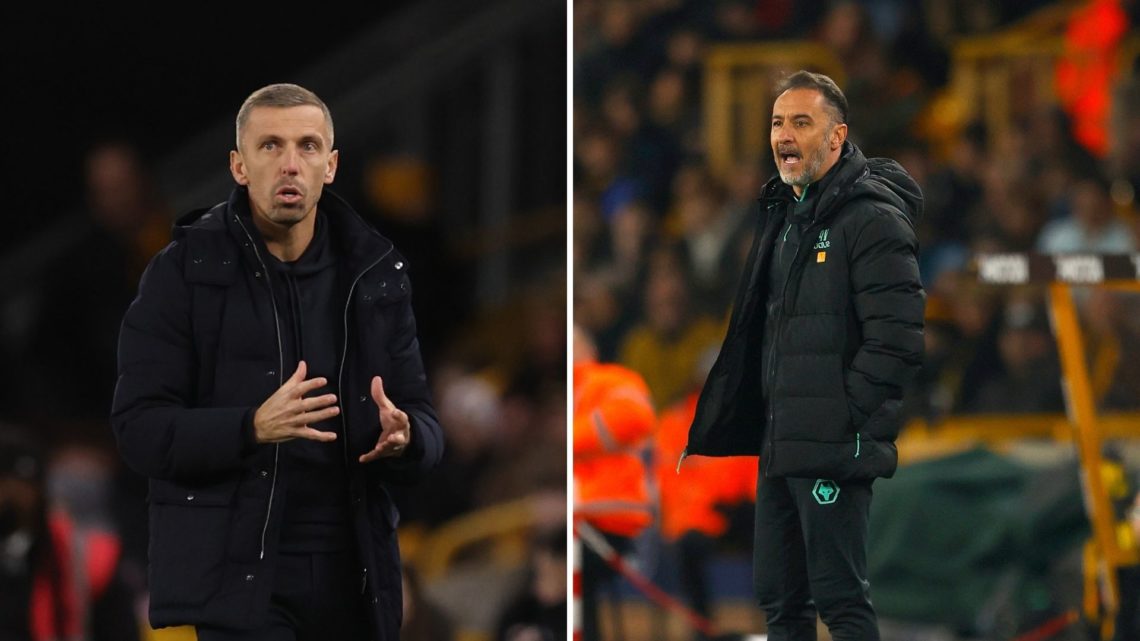Split image of (L) Gary O'Neil during the Premier League match between Wolverhampton Wanderers FC and Ipswich Town FC and (R) Vitor Pereira during ...