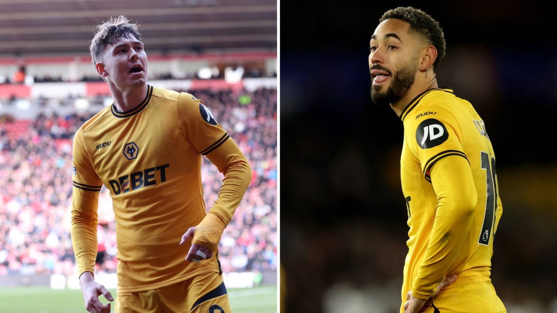 Split image of Jorgen Strand Larsen celebrating his first goal during Southampton vs Wolves and Matheus Cunha during the Premier League match betwe...
