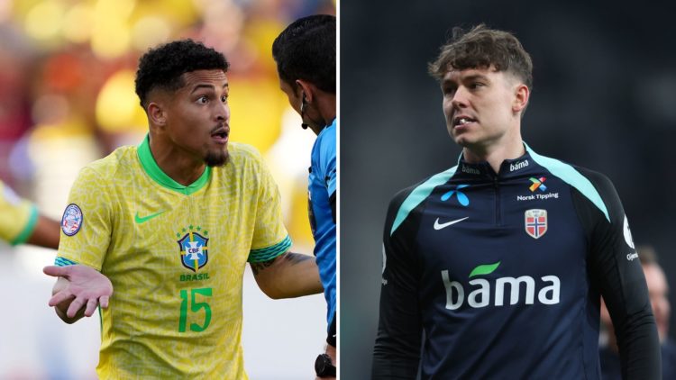 Split image of Joao Gomes during the CONMEBOL Copa America 2024 match between Brazil and Colombia and Jorgen Strand Larsen during the warming up du...