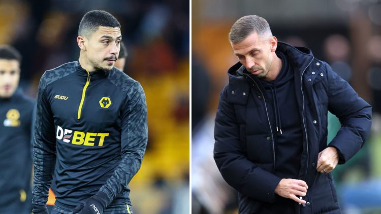 Split image of Andre warms up during the Premier League match between Wolverhampton Wanderers and Fulham at Molineux and Gary O'Neil looks on prior...