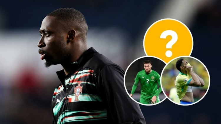 Carlos Forbs of Portugal warms up ahead of the Men's U21 international match between England and Portugal with insets of question mark, Matheus Cun...