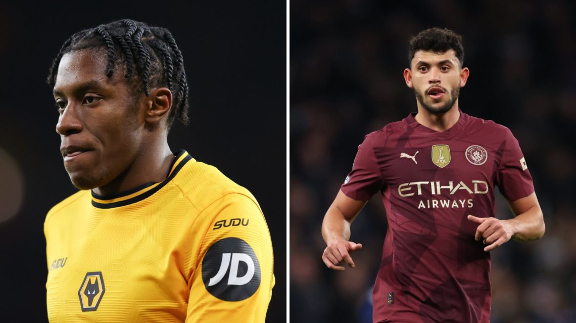 Split image of Jean-Ricner Bellegarde of Wolverhampton Wanderers during the Premier League match between Wolverhampton Wanderers FC and Arsenal FC ...