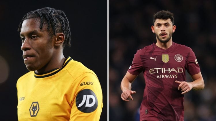 Split image of Jean-Ricner Bellegarde of Wolverhampton Wanderers during the Premier League match between Wolverhampton Wanderers FC and Arsenal FC ...