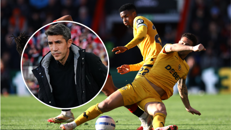 An image showing Nelson Semedo (right) and former Wolves manager Bruno Lage (circled, left).