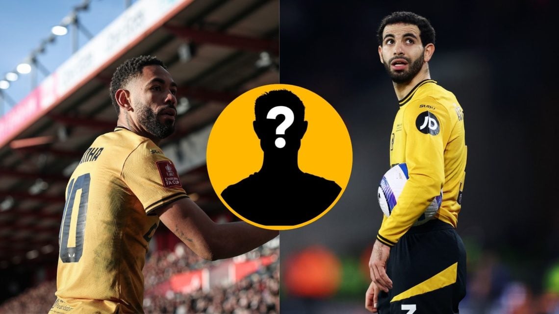 A split image of Matheus Cunha (left) and Rayan Ait-Nouri with a mystery player inset (circled).