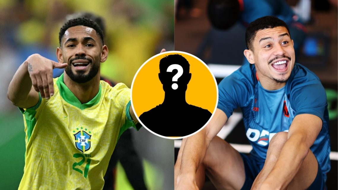 A split image of Matheus Cunha (left) and Andre (right) with a mystery player inset (circled).
