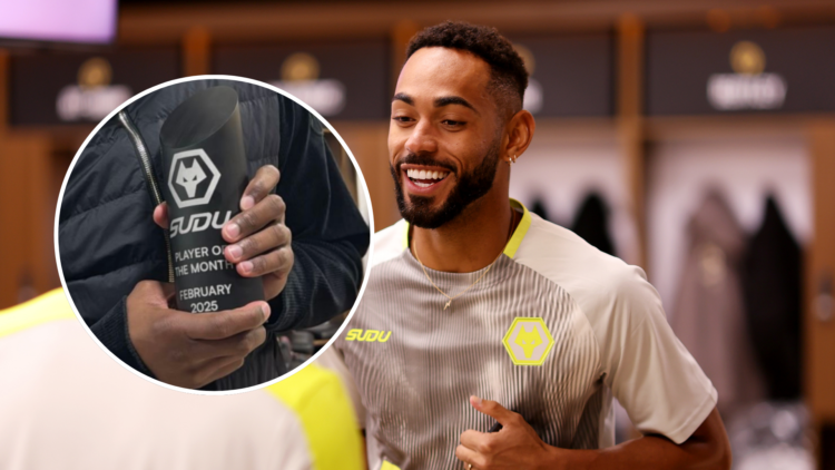 An image of Matheus Cunha (right) and Jean-Ricner Bellegarde with the Wolves' Player of the Month award (circled).